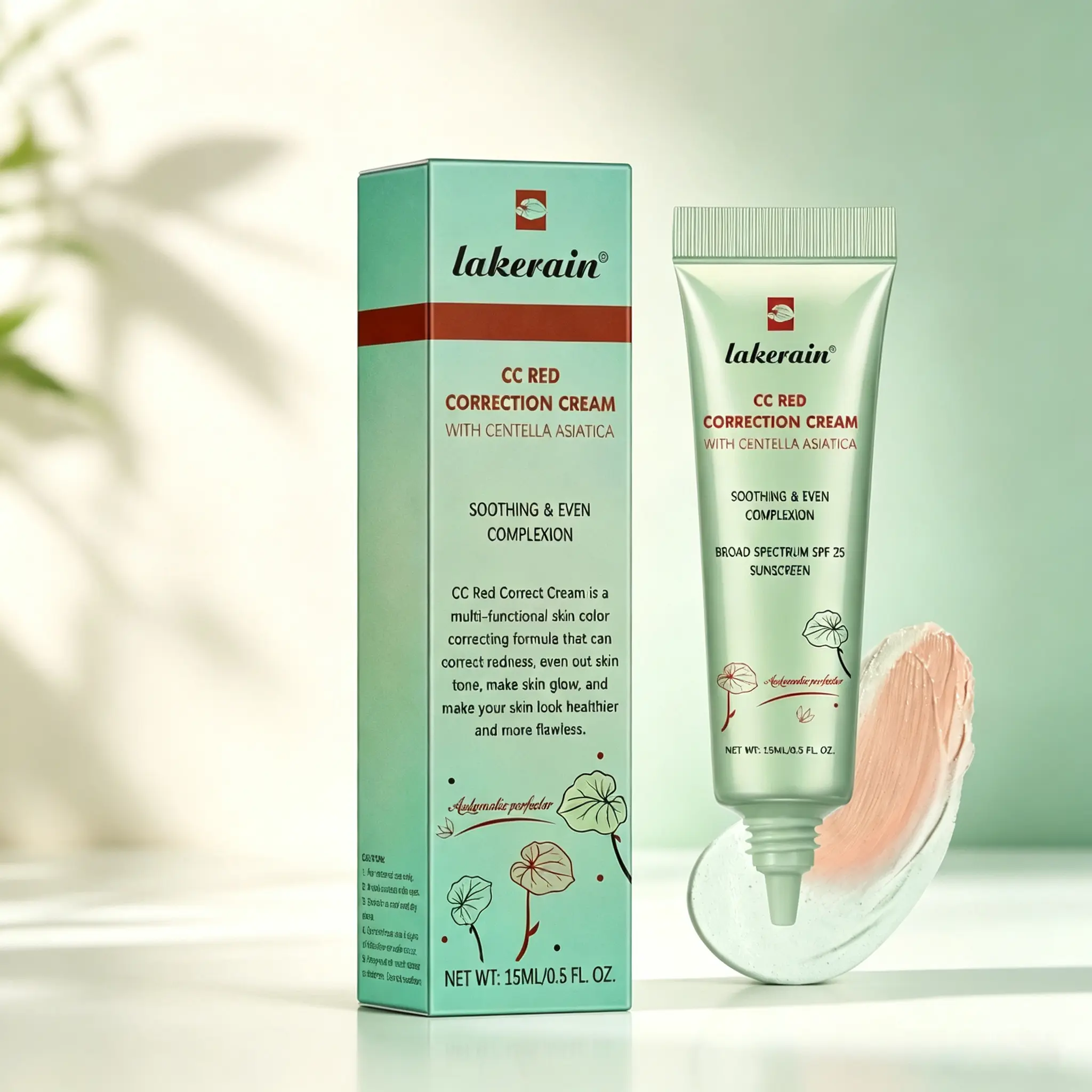 Color Correcting CC Cream Cushion - Green & Red Shades, Centella Asiatica Infused, SPF25, Soothing Hydrating Moisturizer, Oil Control, Tone-Evening Sunscreen Makeup Base (15ML) for Rosacea & Sensitive Skin, Correction