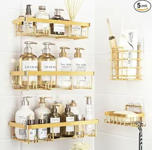 Pink 5-Piece Eco-Friendly Stainless Steel Hollow Bathroom Decor Set, Wall-Mounted Round No-Drill Quick-Install Rustproof Waterproof Stick-On Organizer with Toothbrush Soap Holder, Large-Capacity Space-Saving Bathroom Accessories for Shower Home Use
