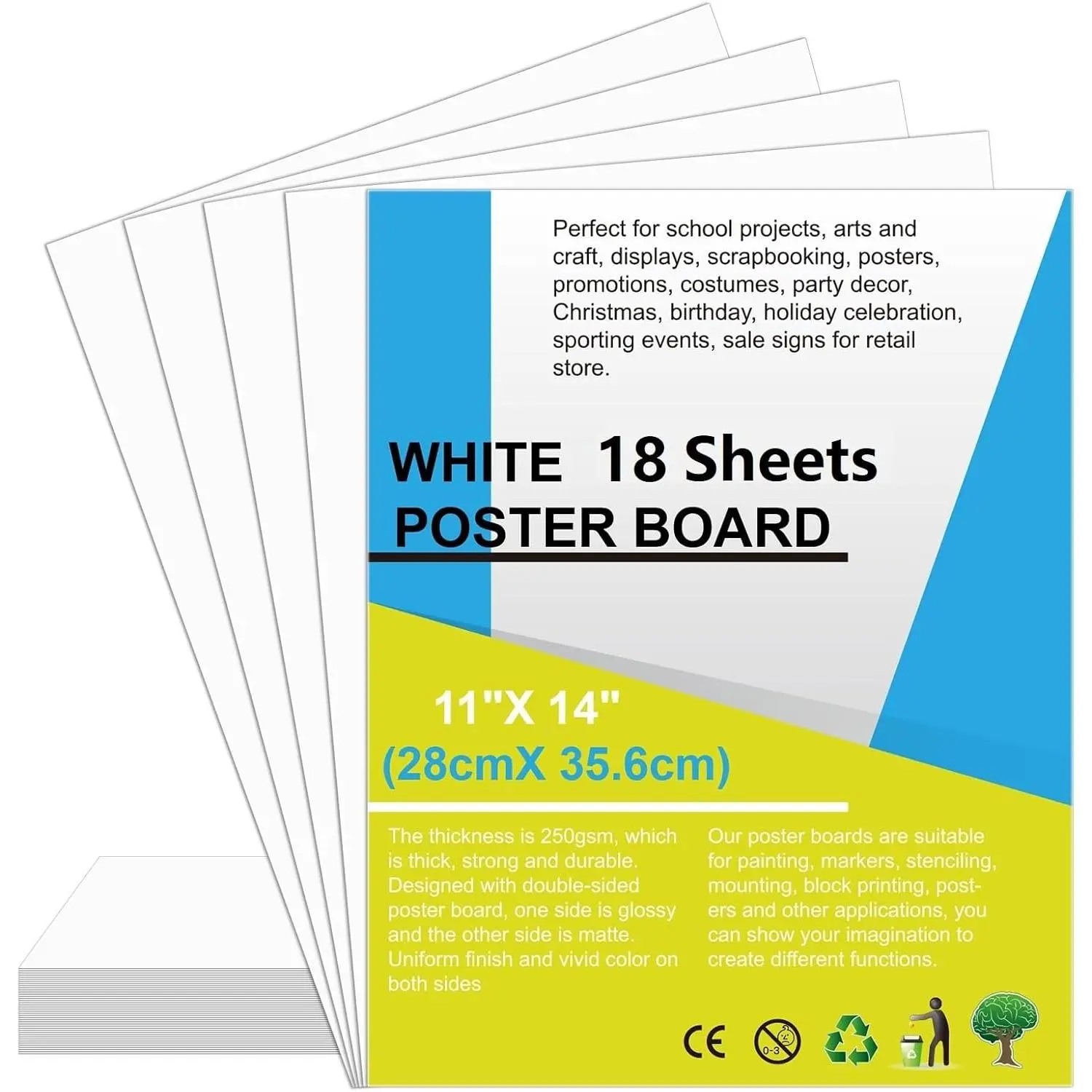 18 count 11" x 14" Poster Board White Poster Paper Boards Bulk 250GSM Thickness Vision Board  Poster Board for School Arts Craft Projects Presentations Drawing Scrapbooking Blank Graphic Display