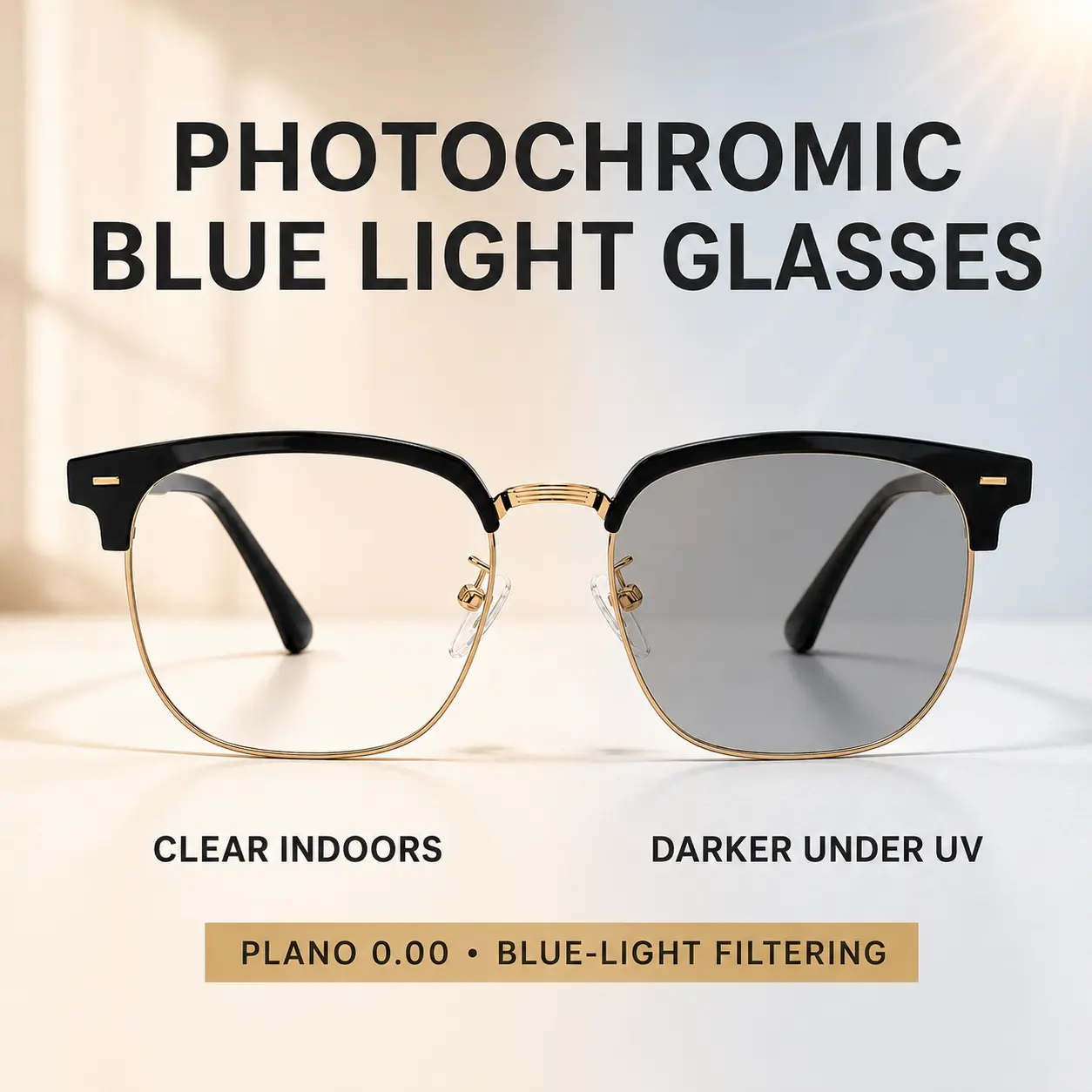 Blue Light Glasses Men Women, Photochromic Transition Lenses, Black Gold Square Frame Eyeglasses, Fashion Frames with Square Frame Eyeglass Design, Non-Prescription Eyewear for Office, Travel, Summer Outfits and Daily Wear