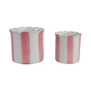 Sagebrook Home 2-Piece Ceramic Urn Garden Pots - 6-8 in. Striped Scallop Edge Planters, White & Pink, Planters for Outside, Backyard Garden Accessories