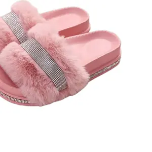 Pink Fluffy Slippers with Rhinestone Strap for Women Comfortable Indoor & Outdoor Use