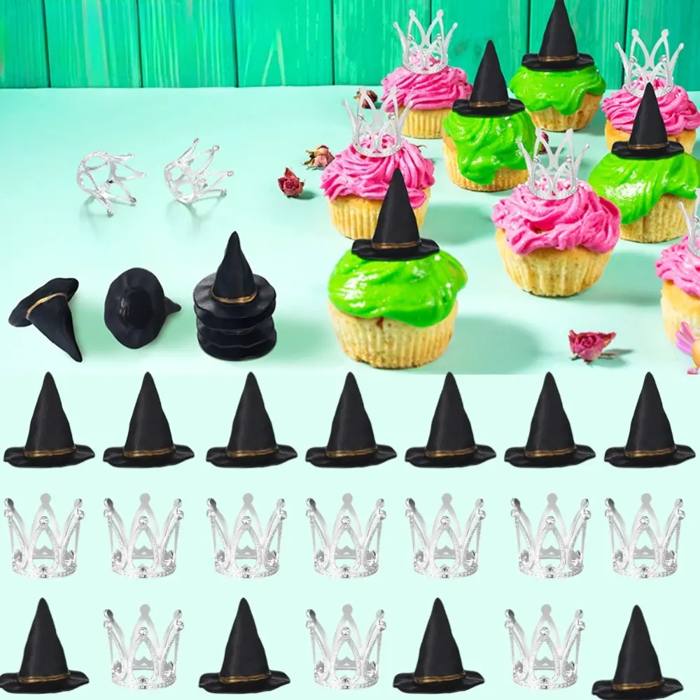 24 Pcs Plastic Crown-Shape Silvery Witch Cupcake Toppers, Halloween Aesthetic Holiday Cake Picks for Adult Wizard Witch Birthday Party DIY Cake Decor Supplies
