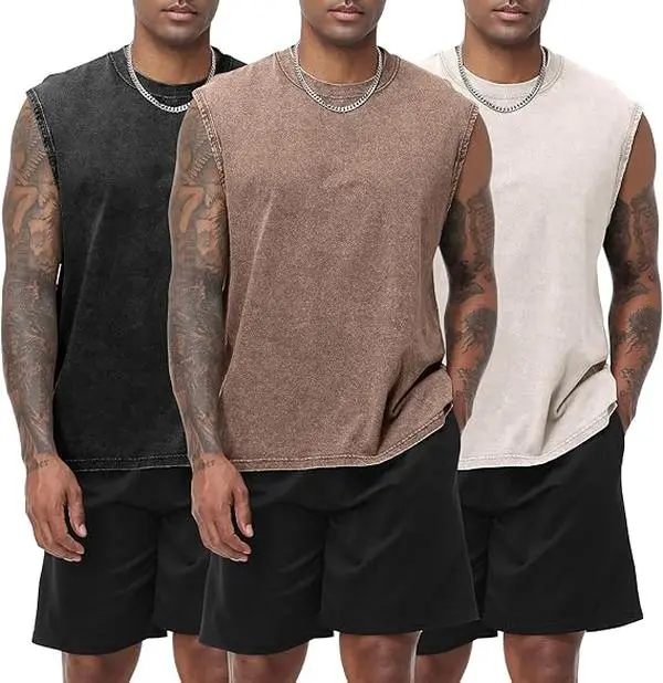3 Pack Men's Cotton Sleeveless Muscle Tank Tops Vintage Acid Wash Cutoff Loose Workout Tee Shirts Running Men Women Cotton Workout Tank Tops Sleeveless Acid Wash Tshirts Cut Off Muscle Shirts Sweat Classic Jacket Natural Natural Round Neck