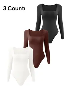 Women's Plain Long Sleeve Shapewear Bodysuit, Thong Design, Square Neck Slimming Tummy  Control, Ladies Underwear & Shapewear