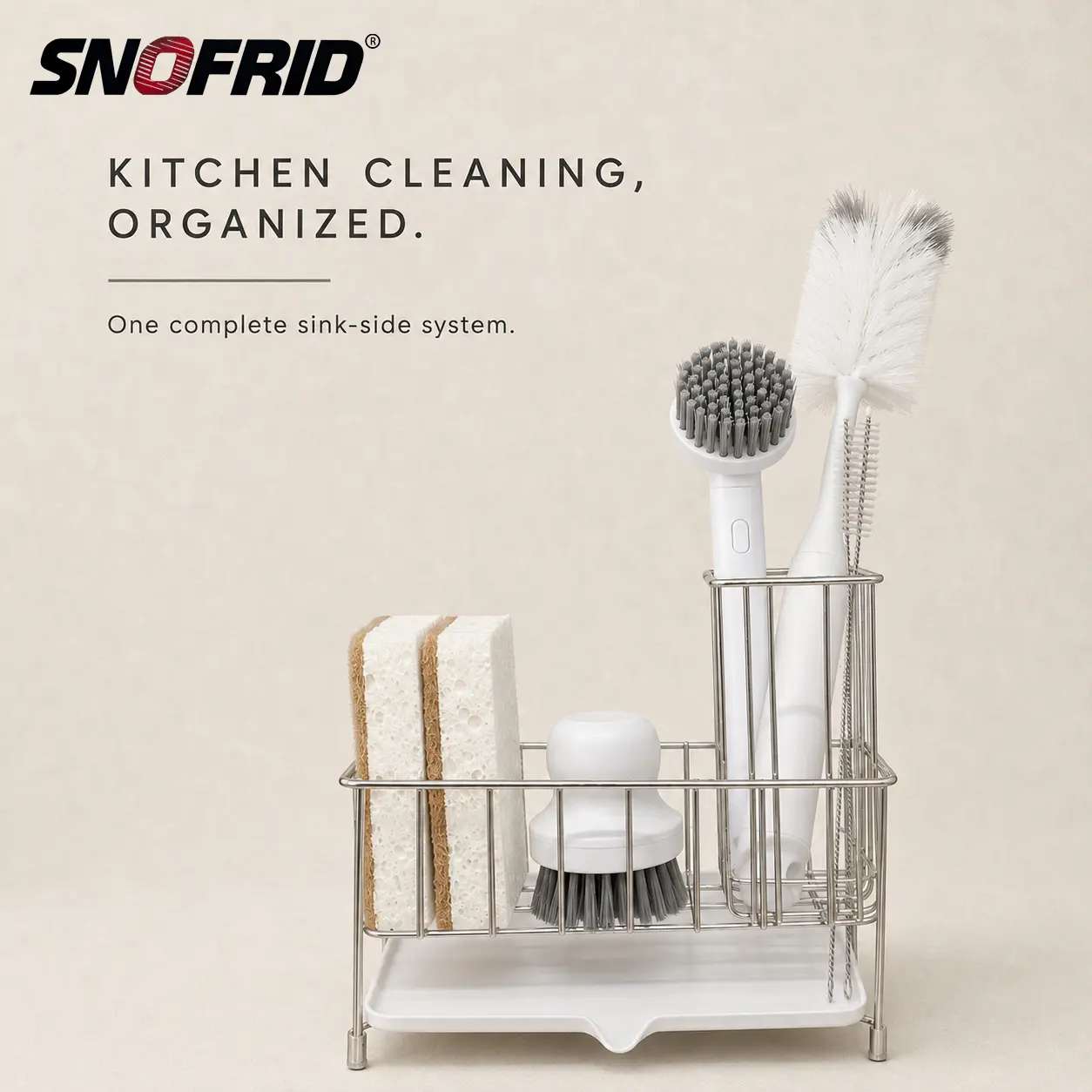 Snofrid 8-Piece Kitchen Cleaning Brush Set with 201 Stainless Steel Sink Caddy, 2-in-1 Cup Brush with Built-In Rim Cleaner, Pot Brush, Long Handle Dish Brush, Sponge Scrubbers and Straw Cleaners