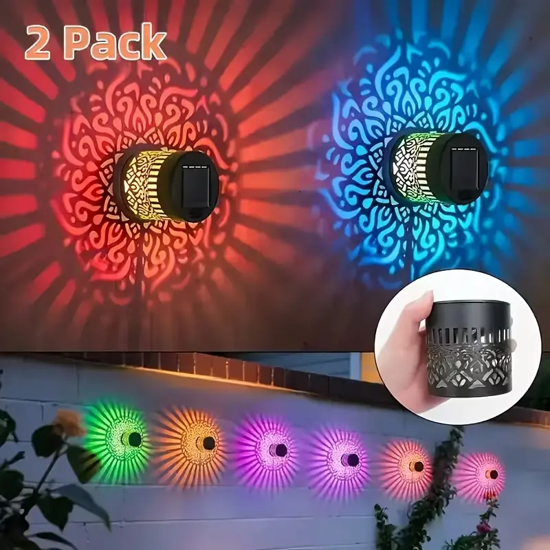【2Pcs Solar Powered Gradient RGB Fence Lights】Durable Solar Outdoor Lights, Mandala Cutout Waterproof Decorative Wall Lights, Patio Decor for Garden Deck Step Driveway Decoration, Stylish