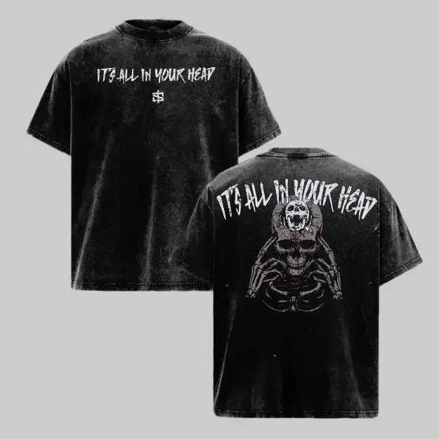 Men's Oversized Vintage Washed Graphic T-Shirt, All In Your Head Print 100% Cotton Crew Neck Short Sleeve Casual Menswear Top. Trending Streetwear Baggy Tee For Guys Fans Of Is X Bxactiv, Heavyweight Basic Y2K Daily Outfits And Stylish Retro Clothes!