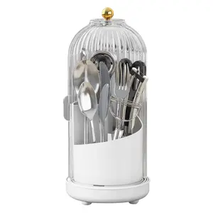 Cutlery draining rack with a rotating dust cover, three-tiered for easy access, prevents the tabletop from getting wet.