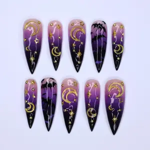 AuréNails - Enchanting Mystical Sky Press-On Nails, Stars, Moon & Bat Design In Stunning Long Stiletto Fake Nail Art – Perfect For Spooky Glam Halloween