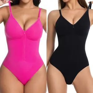 Women's 2026 Summer Chic Style Comfortable Sexy Shapewear Bodysuit - V-Neck, Spaghetti Strap, Zipper, T-Strap, Fitted, Slimming, Seamless, Highly Elastic, Wearable as Outerwear Clothes (2-Piece Combination)