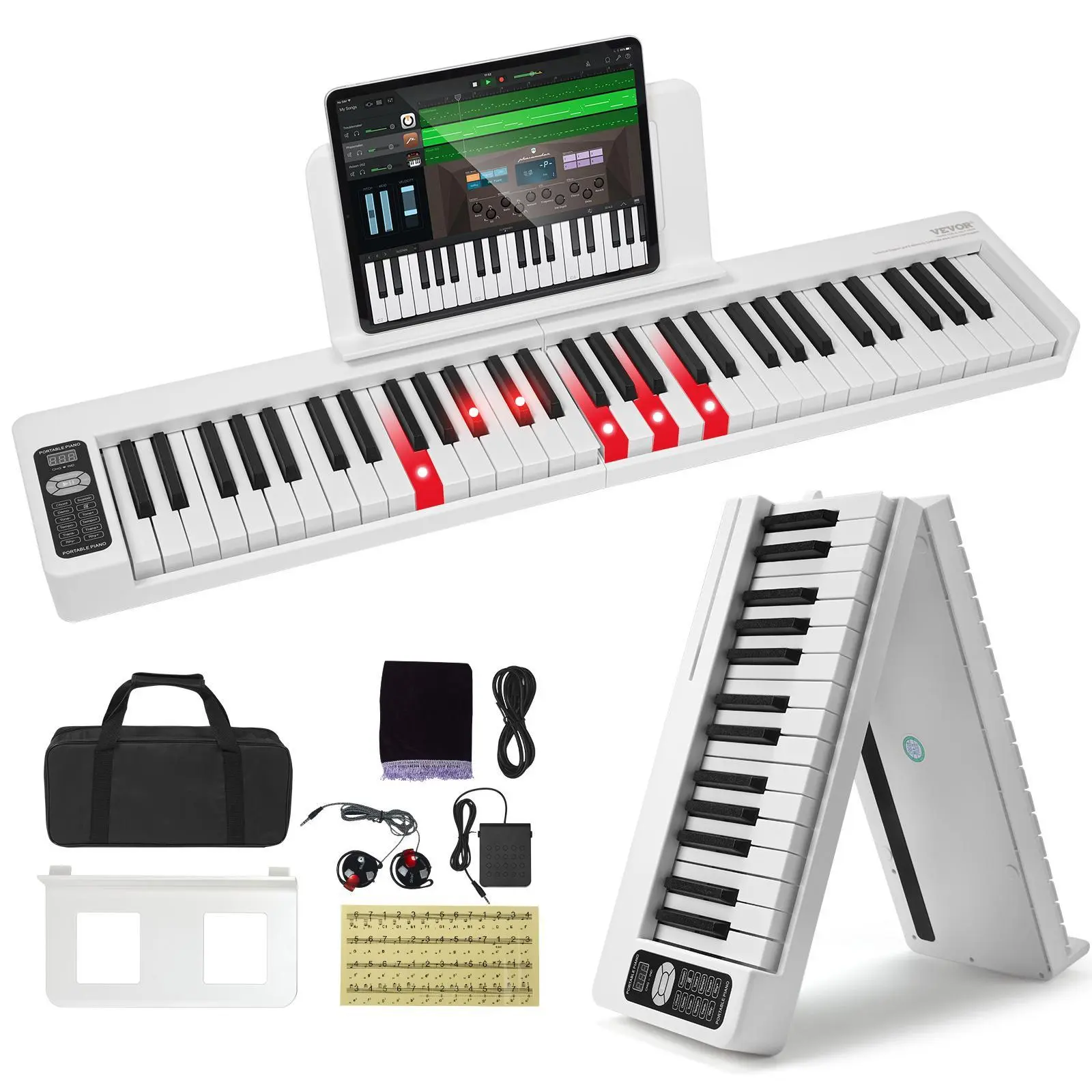 【summerfinds】VEVOR 61-Key Multifunction Folding Digital Piano, Bluetooth, MIDI, Touch-Sensitive Lighted Keys, Rechargeable Portable Keyboard with Sustain Pedal & Bag, Father's Day Gift for Beginners, White