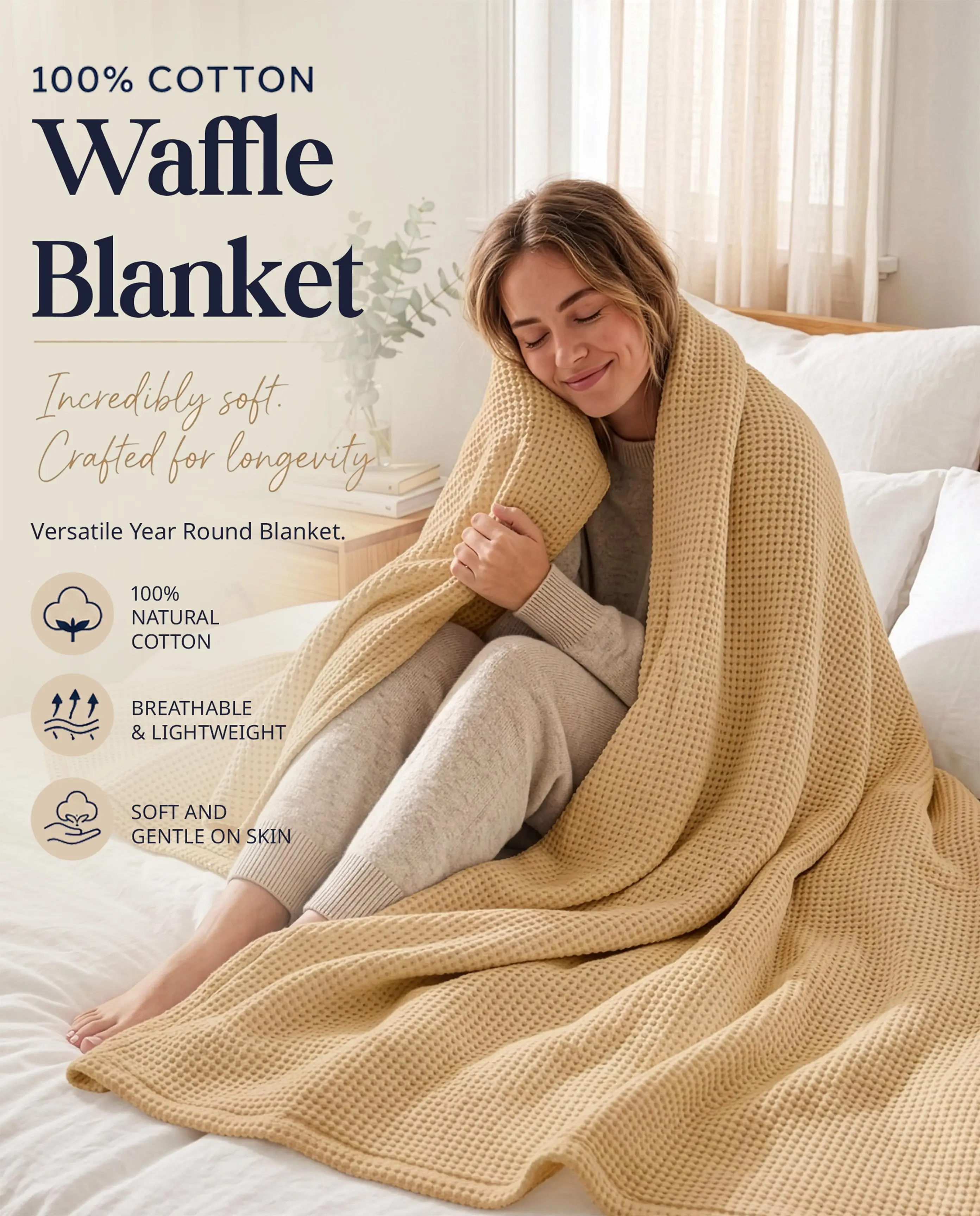 LANE LINEN Natural Cotton Bed Blanket - 300 GSM Modern Home Accessory, Solid Airy Waffle Construction, Lightweight Durable Fabric - Ideal for Bed, Couch Use