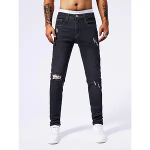 Black-Grey High-Cotton Jeans | Slim-Fit Distressed Denim
