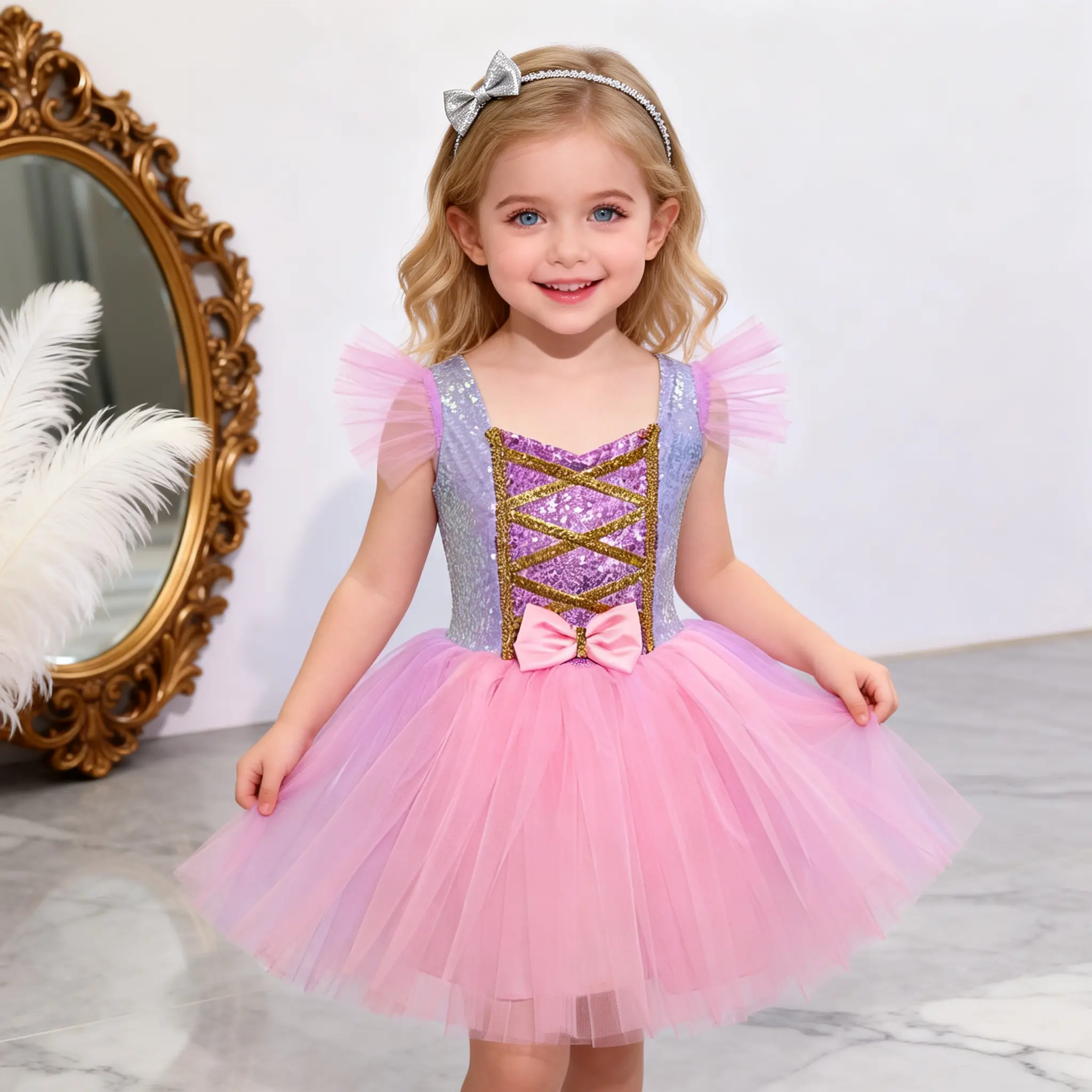Magical Pink Princess Tulle Dress, Girls Sparkle Sequined Tutu Outfit for Birthdays & Daily Wear