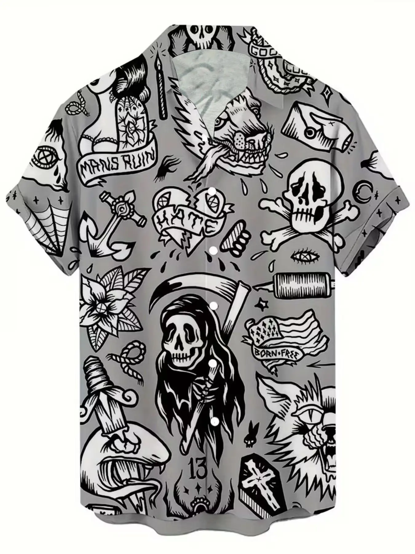 Vintage Pirate Pattern 3D Print Casual Printed Men's Collared Shirt, Casual Street Style, Casual Hip-Hop Rock Streetwear, Short Sleeve Slim Fit Blouse, Summer Hawaiian Tropical T-Shirt