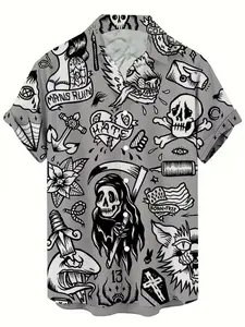 Vintage Pirate Pattern 3D Print Casual Printed Men's Collared Shirt, Casual Hip-Hop Rock Streetwear, Short Sleeve Slim Fit Blouse, Summer Hawaiian Tropical T-Shirt