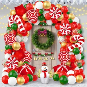 165Pcs Christmas Balloons Garland Arch Kit, Xmas Red White Green Holiday Party Balloon Decorations With Candy Cane Gifts Box Red Star Foil Balloons For Christmas Themed Birthday Party Supplies