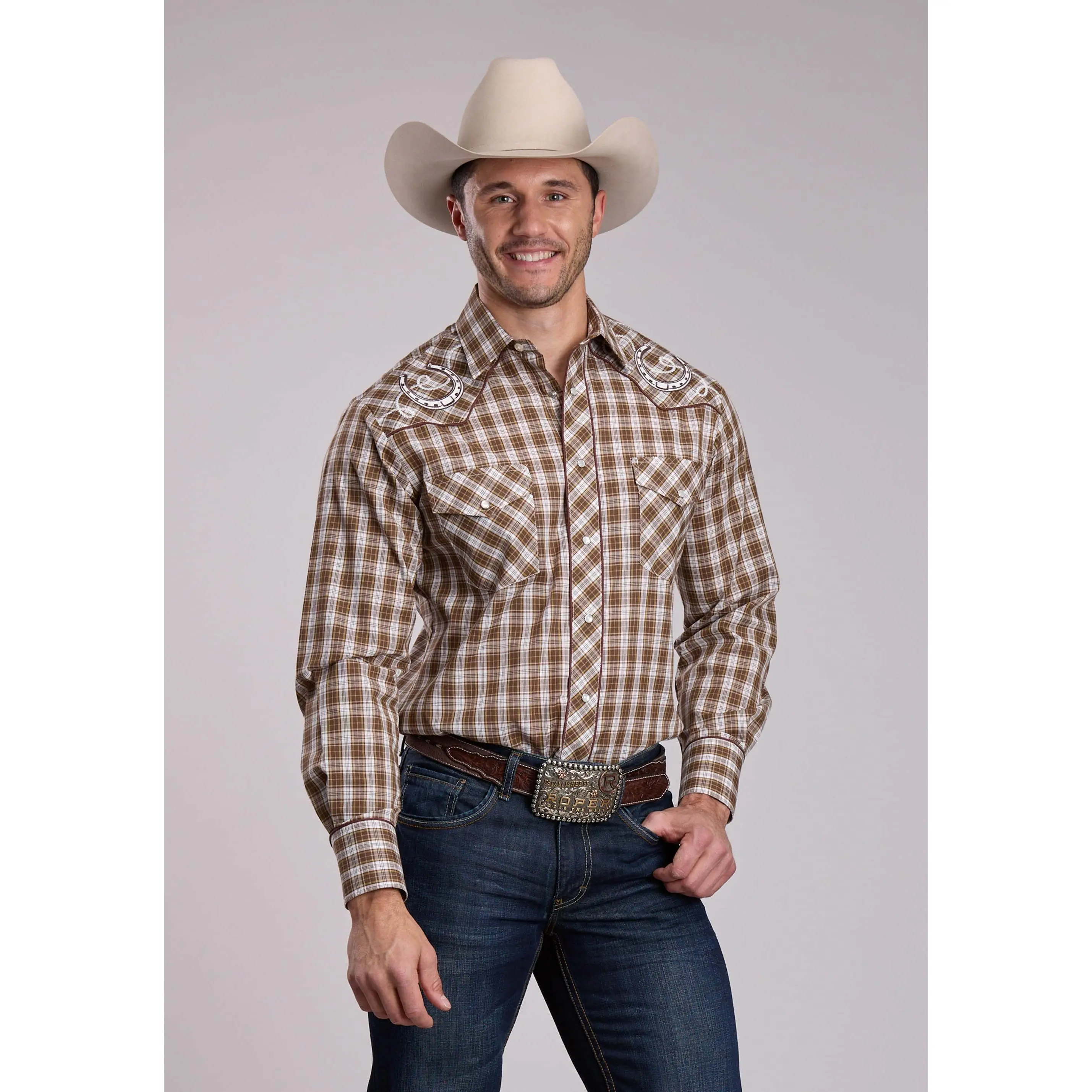 Mens Roper Brown Plaid Long Sleeve Snap Shirt