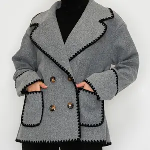Eliza Gris- Double Breasted Blanket Stitch Jacket Heather Grey with Unique Stitch Detailing and Classic Double Button Design
