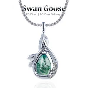 S925 Natural Moss Agate Necklace, Unisex Teardrop Agate Jewelry with Leaf Design, Elegantand Stylish Hypoallergenic Sterling Silver Pendant for Women, Perfect for Casual and Daily Wear, Valentine's Day Birthday Gift