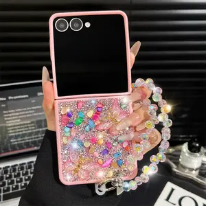 Cartoon Butterfly Luxury Glitter Phone Case for Samsung Galaxy Z Flip 7 FE 6 5 4 3 Flip7 with Crystal Stone Bling Wrist Strap