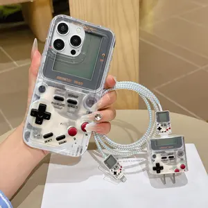 6-Piece Set Transparent Clear Retro Game Console Pattern Phone Case, Shockproof Protective Cover for iPhone 15/16 Series, Includes Charging Head & Cable Protectors, Accessories