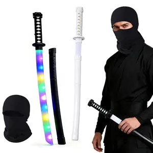 Master Ninja LED Prop Toy Sword 2 PCS Set and Black Ninja Hat with Glowing and Role-playing Sound Effects Perfect for Halloween Cosplay Birthday Gift