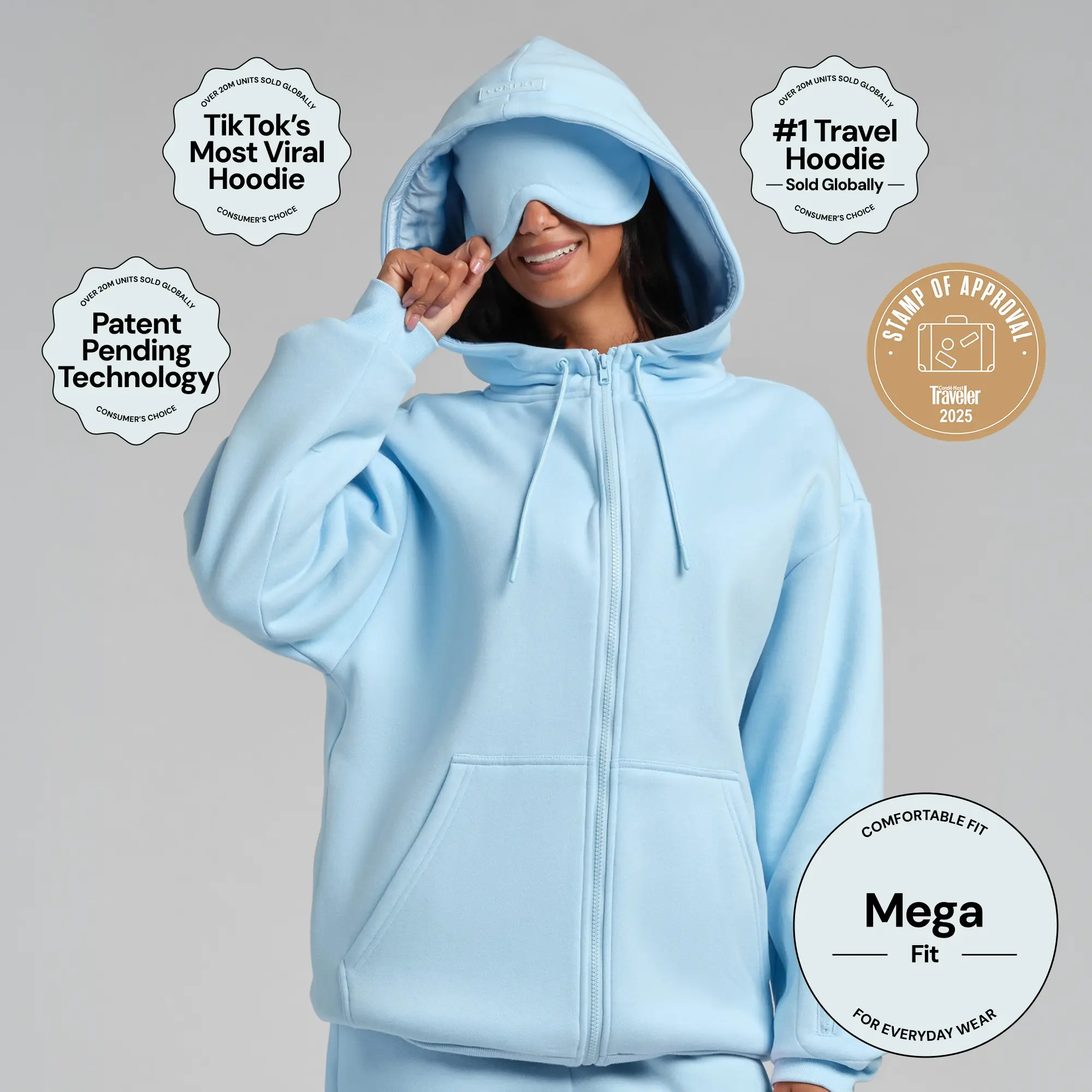 Comfrt | VIP Airplane Mode Travel Zip Hoodie - Mega | CloudTouch Fleece Zip-Up With Silk-Lined Hood & Eye Mask