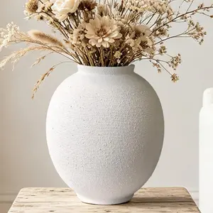 White & Round Ceramic Vase Home Decor, Large Farmhouse Table Vases Rustic Living Room Entrway Kitchen Bedroom Decorations， Minimalist Hand-Made Textured Vase (9.8”H Sandstone White)