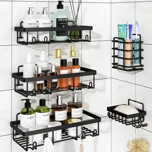 5 Pack Shower Caddy Organizer Rack Shelf for Inside Shower, Adhesive Bathroom Wall Storage Basket Rustproof Stainless Steel Shampoo Holder, Bathroom Accessory Decor Set, Black Wallmounting Toothbrushholder Stainlesssteel Soapholders Shampooholder