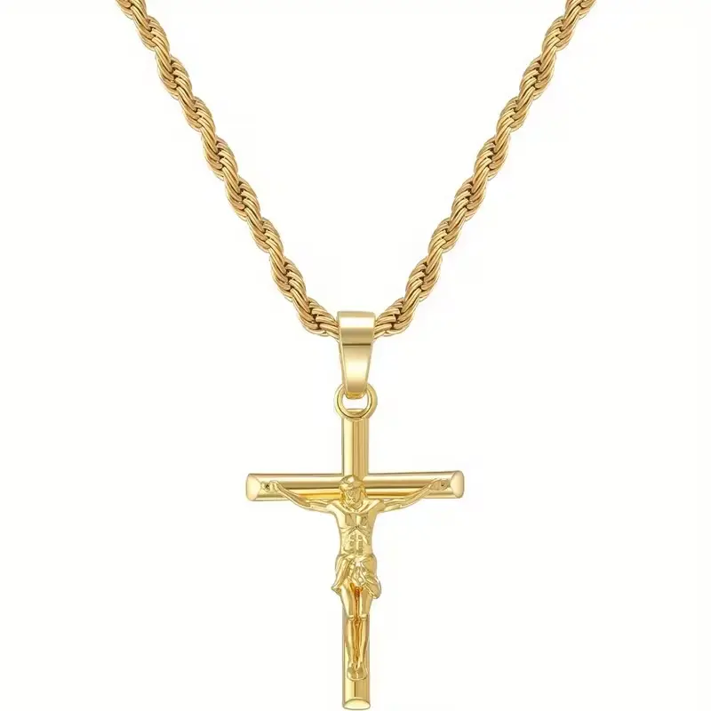 18K Gold Plated Cross Pendant Necklace with Twisted Rope Chain - Tarnish-Resistant Faith Symbol Jewelry, Lightweight Comfortable for Daily Wear, Perfect Meaningful Gift for Him Her on Birthday Anniversary.