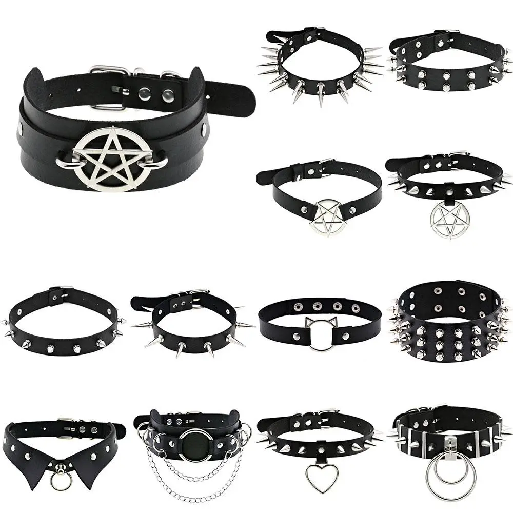 2022 Black Necklace Vintage Charm Gothic Spike Rivet Collar Pendant Leather Pentagram Harajuku Women Punk Choker Necklace