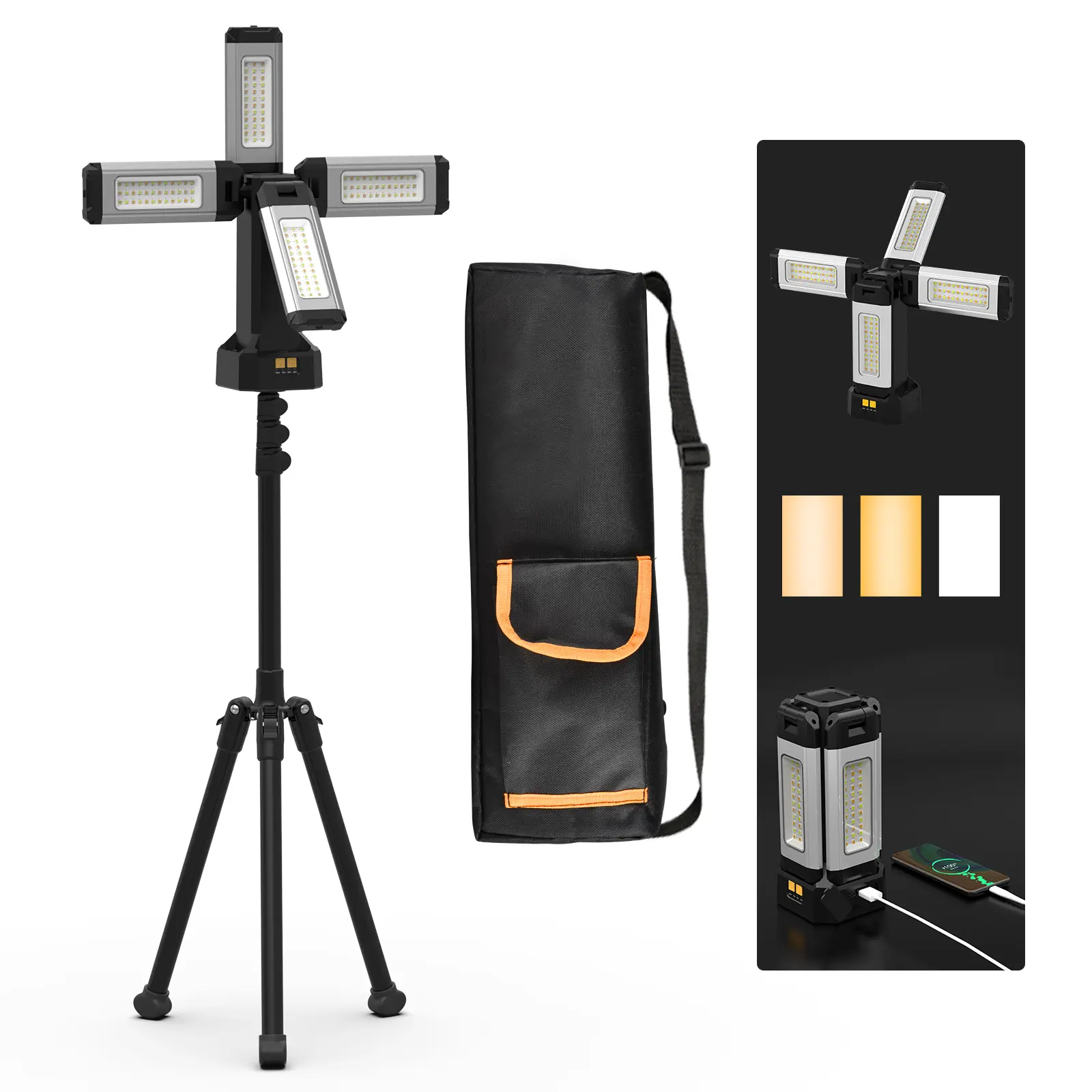 AODOO Upgraded Aluminum 13200mAh Rechargeable Work Light with Folding Stand, Detachable Tripod, Stepless Dimmable 8000 Lumen, White/Warm/Nature White High Capacity Battery Adjustable Bracket Freedom Rotating