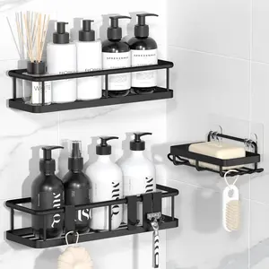 Shower Caddy Adhesive, No Drill Bathroom Shower Organizers, with Removable Hooks and Soap Holder, Rust Proof Shower Shelves, Wall-Mounted Shower Holder, Black