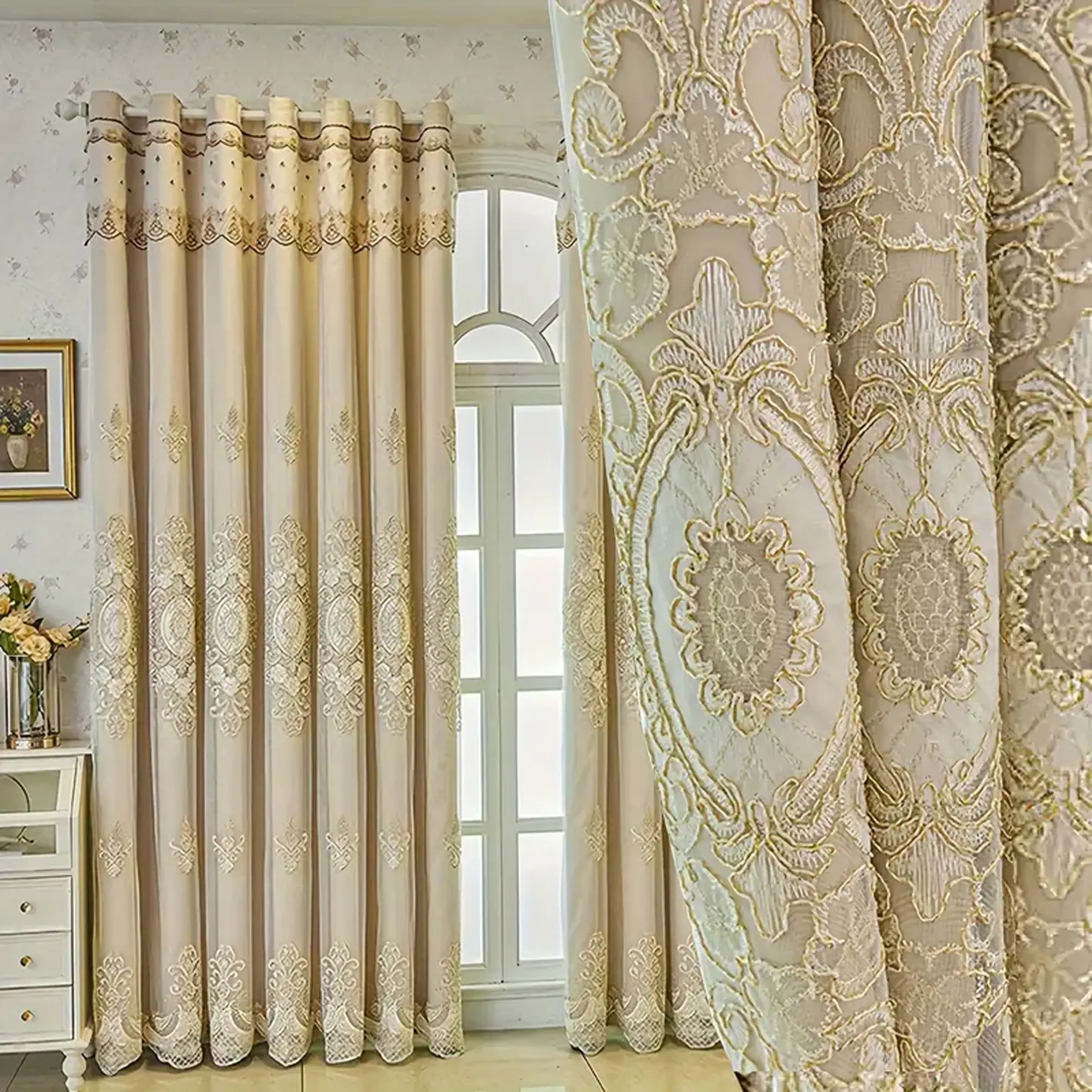 Elegant European Style Double Layer Window Curtain with Embroidered Lace Trim, High Light Blocking Drapes for Living Room & Bedroom Decor, Home Decorative Curtain, Ready Made Curtains