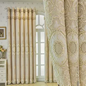 Elegant European Style Double Layer Curtain with Embroidered Lace Trim, High Light Blocking Drapes for Living Room & Bedroom Decor, Home Decoration Curtain
