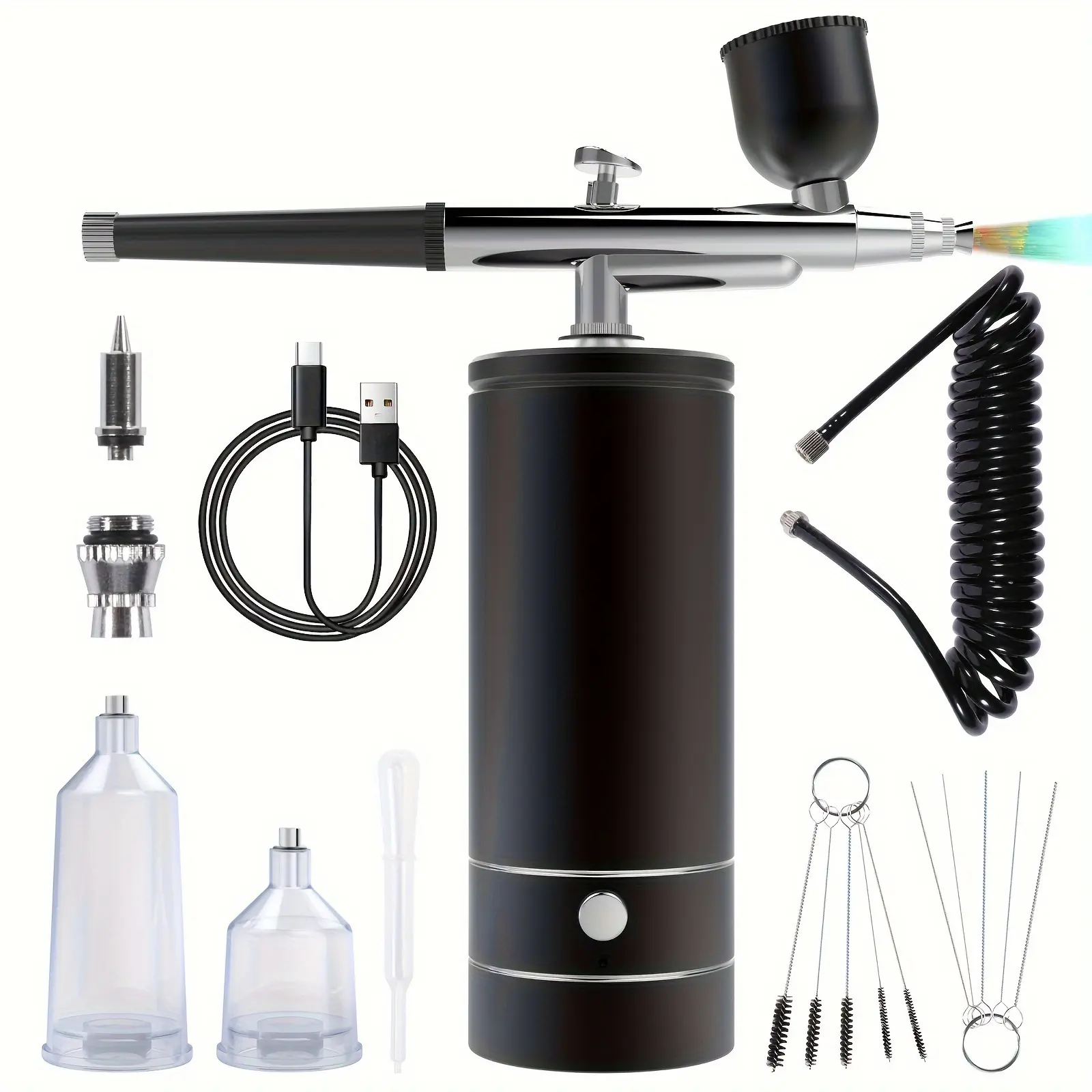 Portable Airbrush Kit with Compressor-Rechargeable Cordless Non-Blocking High Pressure Air Bells Brush Set for Nail Art Cake Decoration Makeup Barber Model Painting Black