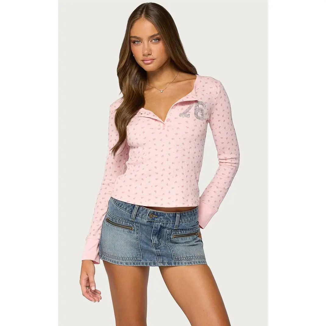 Edikted Women's 76 Rhinestone Floral Henley Top