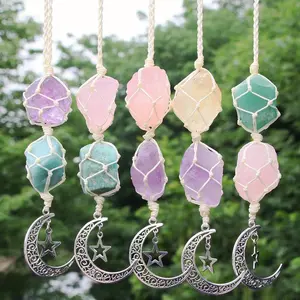Handmade Crystal Window Car Hanging Ornaments Rearview Mirror Car Decor Raw Stone Healing Crystals Moon and Star Decorative Car Accessories