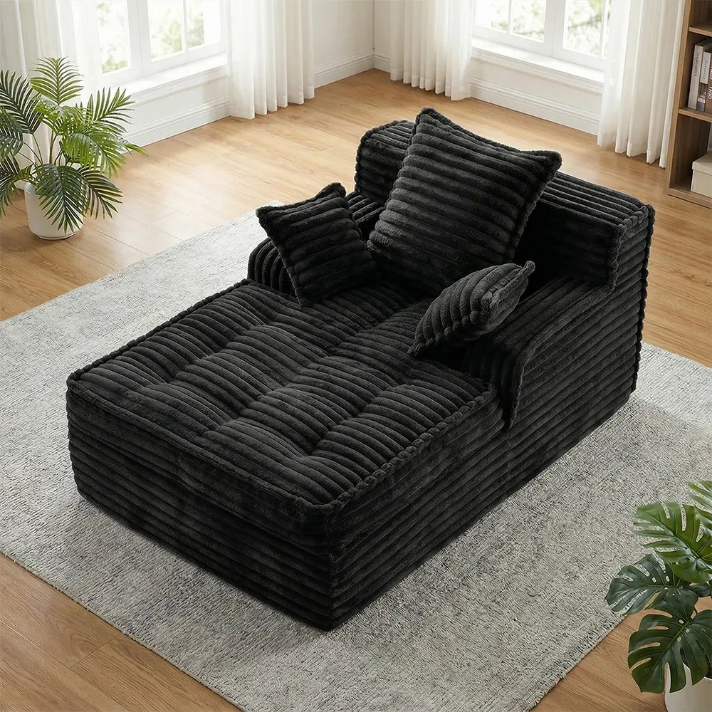 Winzoo Boneless Chaise Lounge Chair, Cloud Corduroy Sofa Bed,Top Fixed-Point Comfort Layer Boneless Couch, Block + Crumb Foam Deep Seat Reading Chaise with 3 Pillows,No Assembly