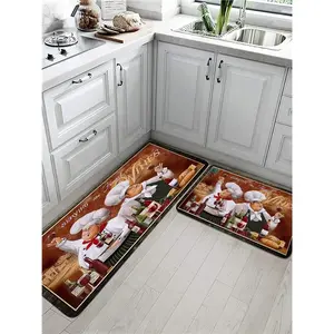 French Chef kitchen floor mat set, non-slip polyester runner rugs for the kitchen, laundry room, dining area, farmhouse home decor