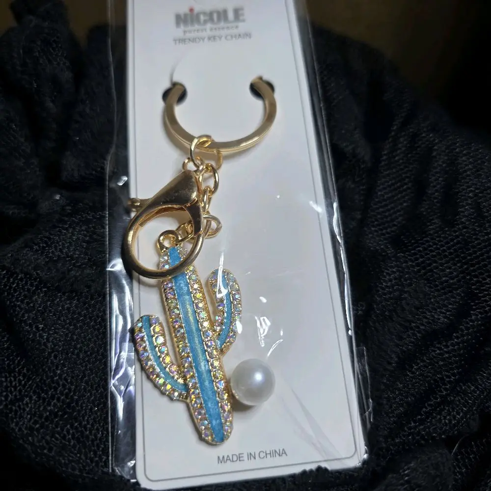 Blue/Gold Cactus Keychain with pearl accent.