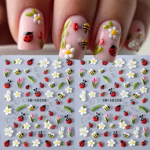 2pcs Cute Ladybug Flower Nail Art Sheet Stickers, 3D Bee Tulip Spring Summer DIY Self-Adhesive Nail Decals, Manicure Decoration Supplies
