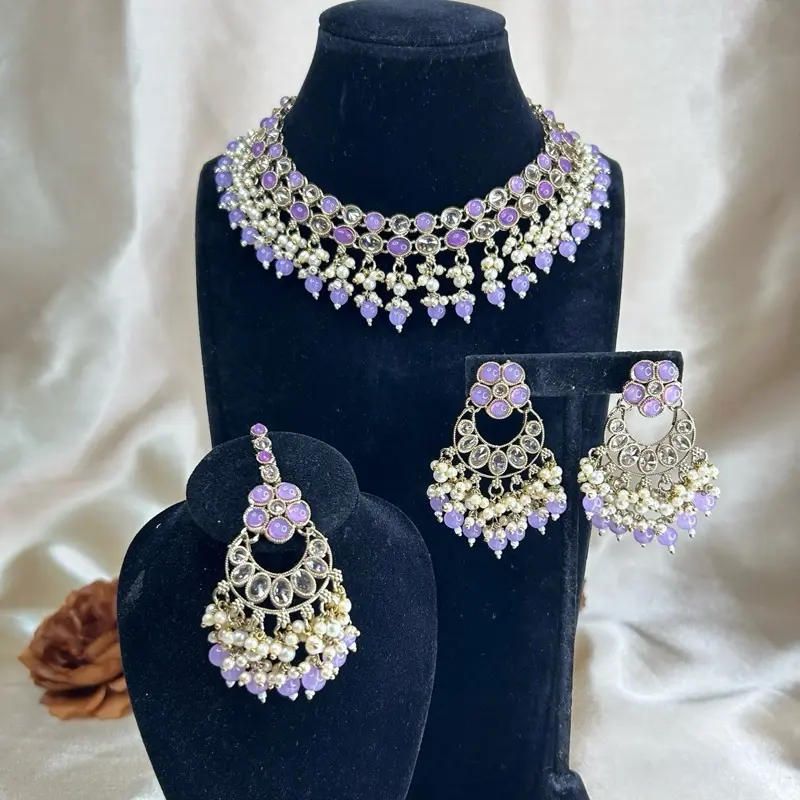 Desi Bollywood Gold Tone Polki Necklace With Earrings And Tikka Set for Festive Wear