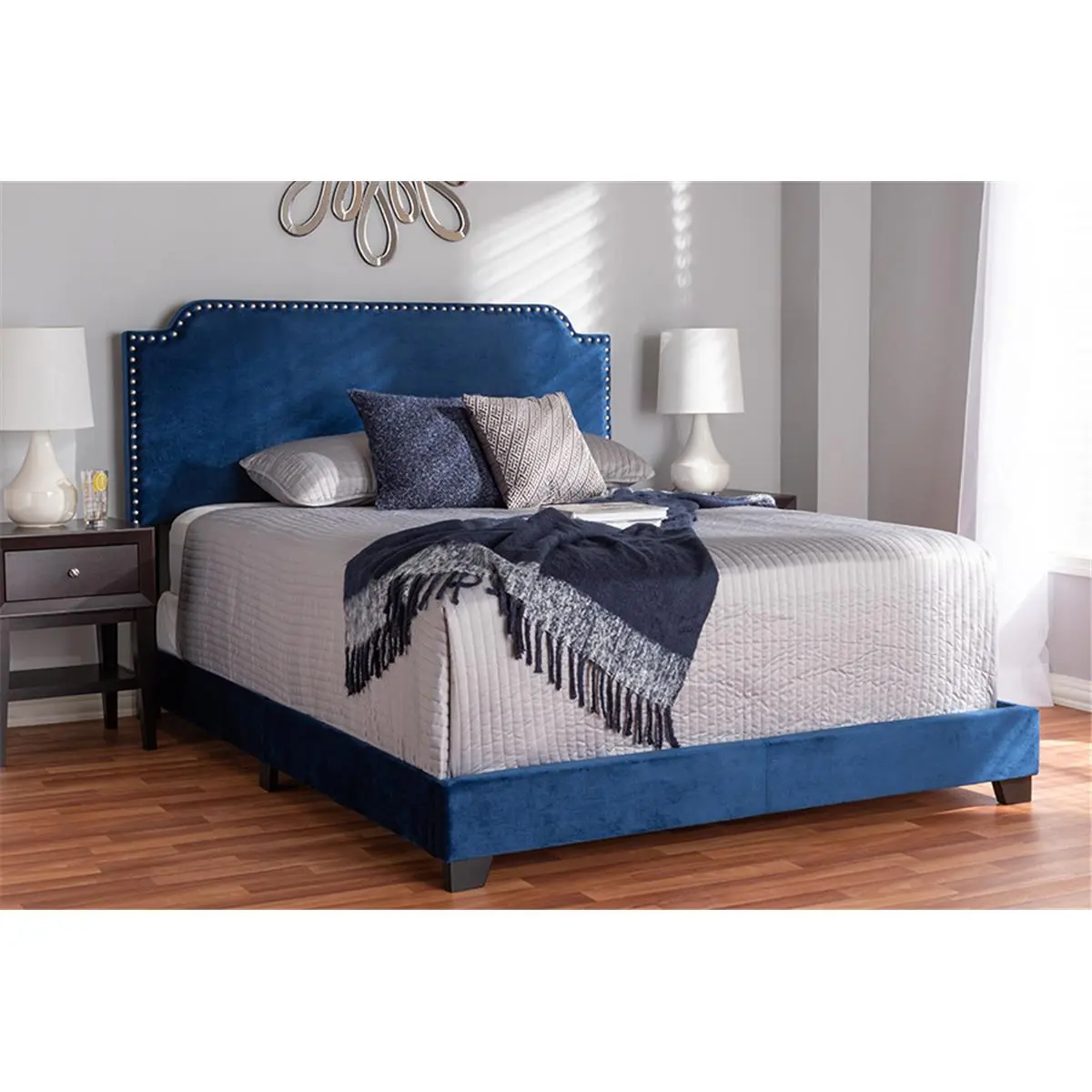 Baxton Studio Darcy Full-Size Luxe & Glamour Navy Velvet Upholstered Bed, Wood Framed Bed with Wooden Structure, Wood Framed Beds, Wooden Structure Beds