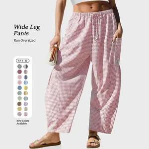 Womens  Wide Leg Gingham Striped Plaid Pants Casual Barrel Loose Drawstring Low Waist Palazzo Harem Pants with Pockets summervibes