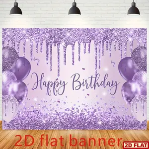 2D Flat Banner, 1pc Purple Glitter Birthday Party Shimmer Wall Backdrop with "Happy Birthday" Cursive Text, Sparkling Balloons & Confetti - Vinyl Design for Cake Table Decorations, No Electricity Needed, Birthday Party Decora, Party Decorations Banners