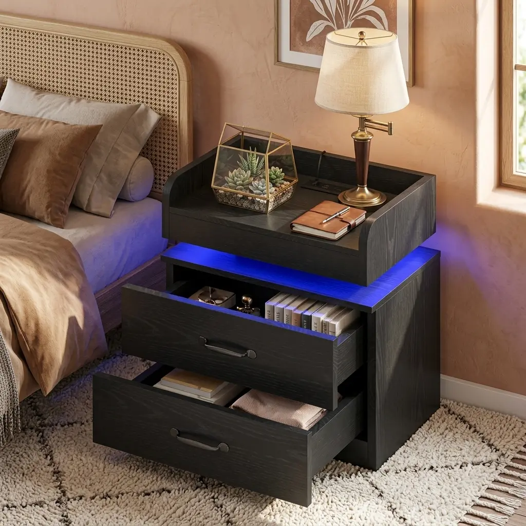 2-in-1 Smart Charging Station Nightstand with Dazzling Blue LED Lights, Modern Indoor Bedroom Bedside Cabinet with Drawers, 2 Standard Plug Sockets, White/Black/Grey Options, Contemporary Tables & Desks Furniture for Daily Use