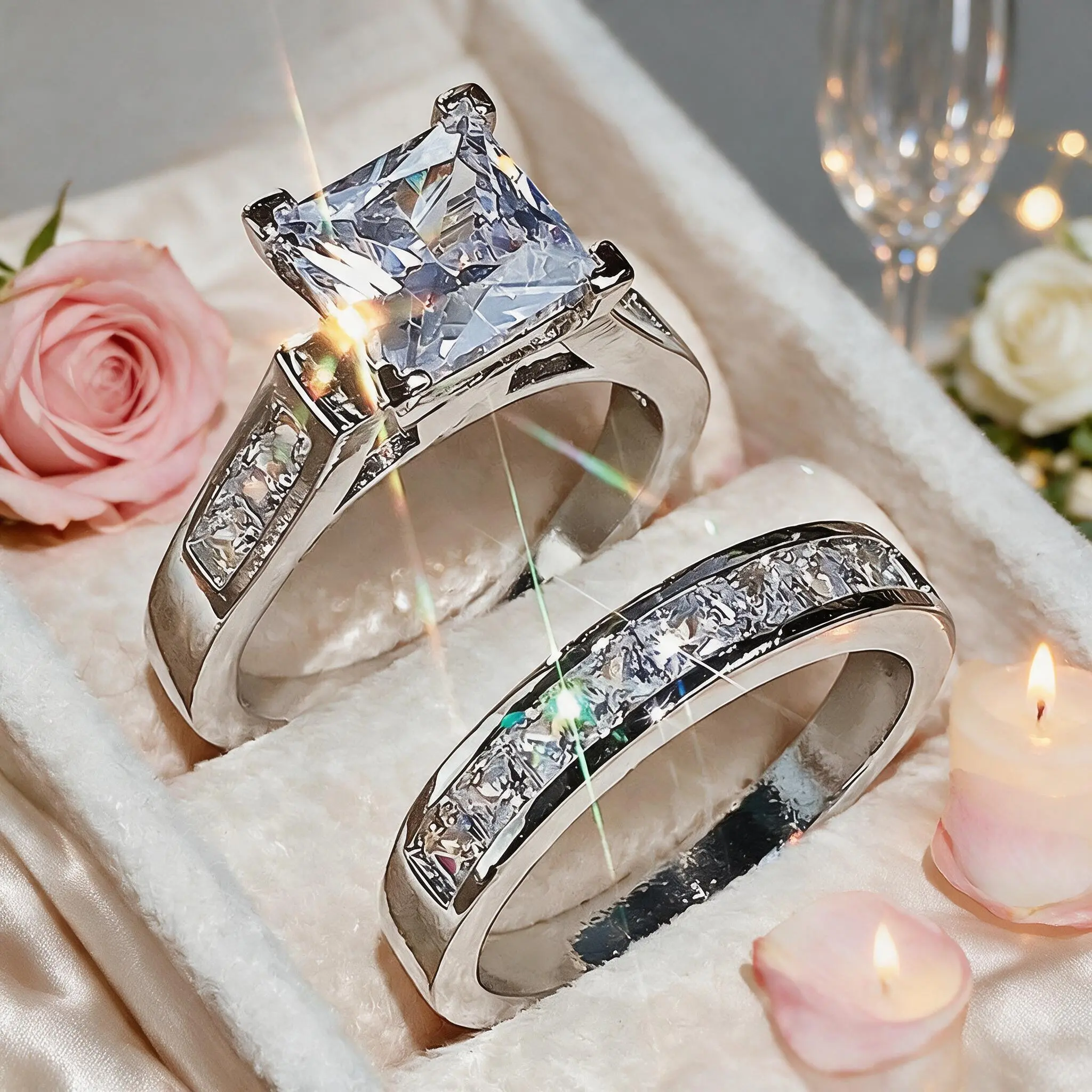 Elegant Wedding Ring Sets for Women, 2-Piece 1.5ct Princess Cut Cubic Zirconia Bridal Engagement Jewelry with Channel Set Baguette Accents, Anniversary, Valentine's Day, Band, Versatile, Synthetic, Classic, Daily, Diamond Alternative, Cubic Zirconia Rings